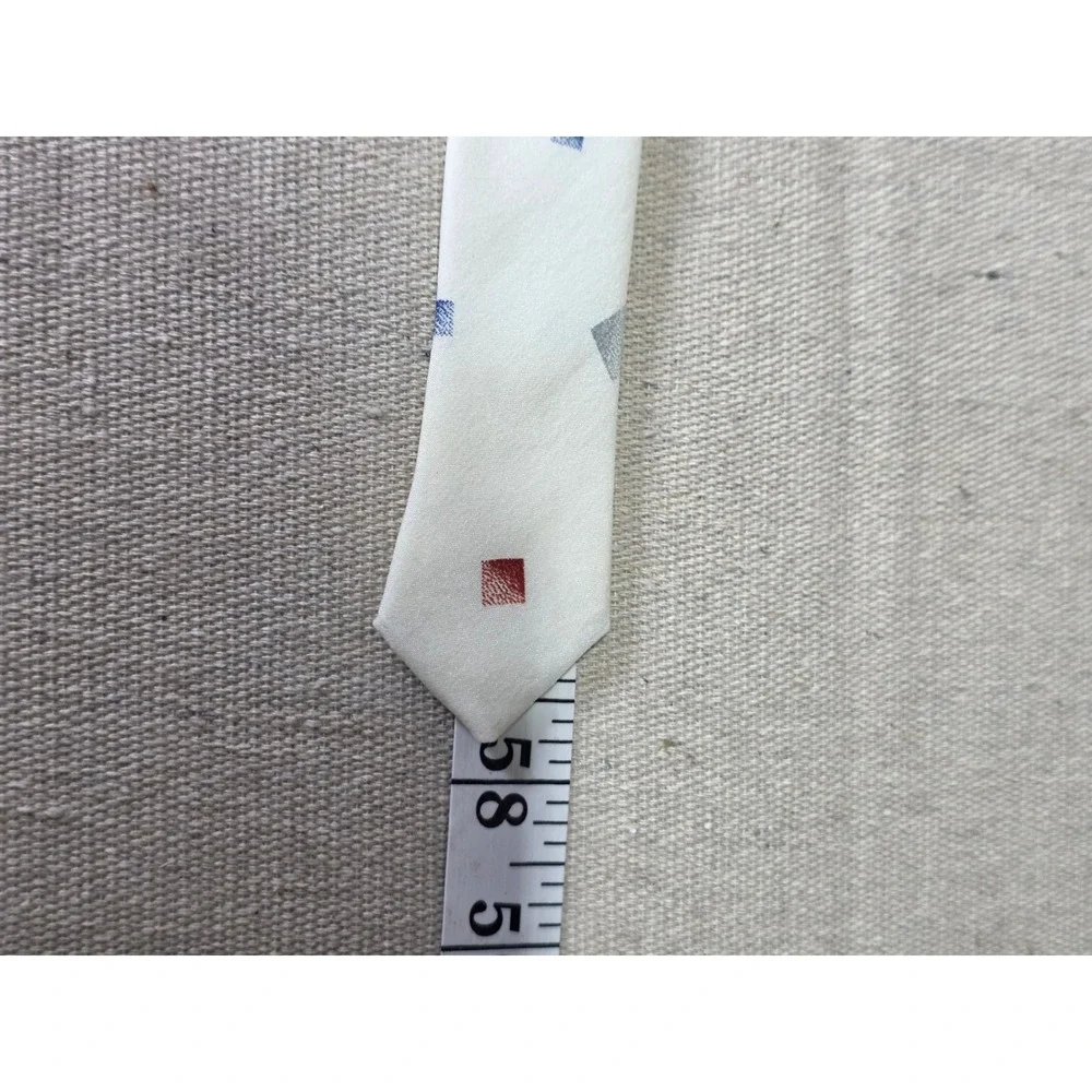 Selina de France Paris Mens Tie White Red Blue Grey Geometric Square Pattern